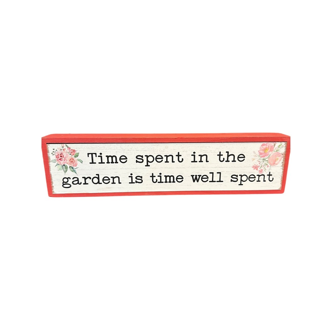 Cracker Barrel Time Spent in the Garden Wooden Block Sign Red‎ Floral Decor 12in
